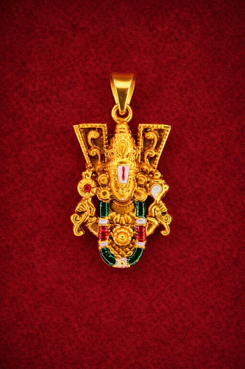 Ornate Lord Venkateswara Pendant with Enamel Detailing