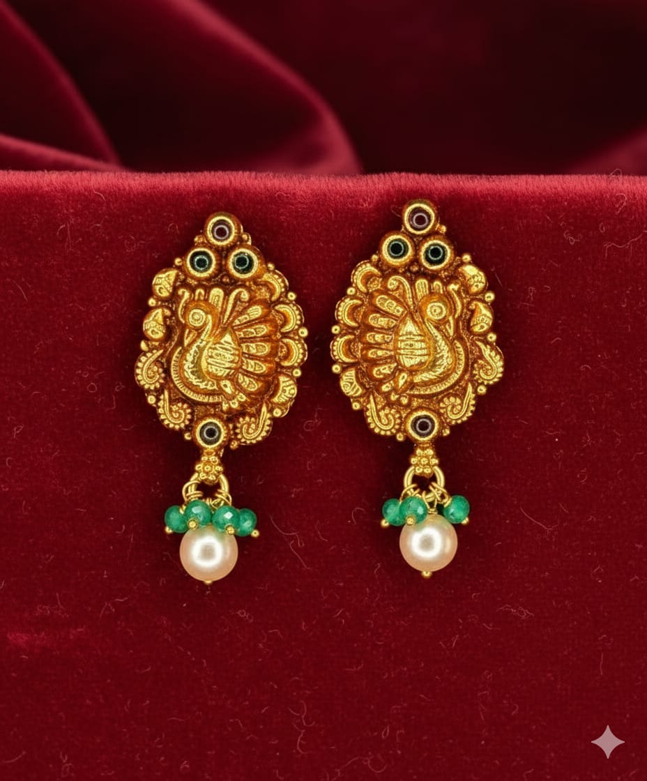 Antique Peacock Temple Gold Drop Earrings