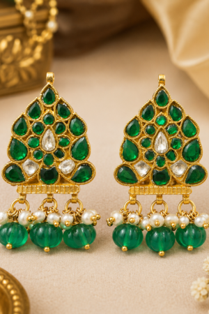 Regal Emerald & Pearl Temple-Inspired Earrings