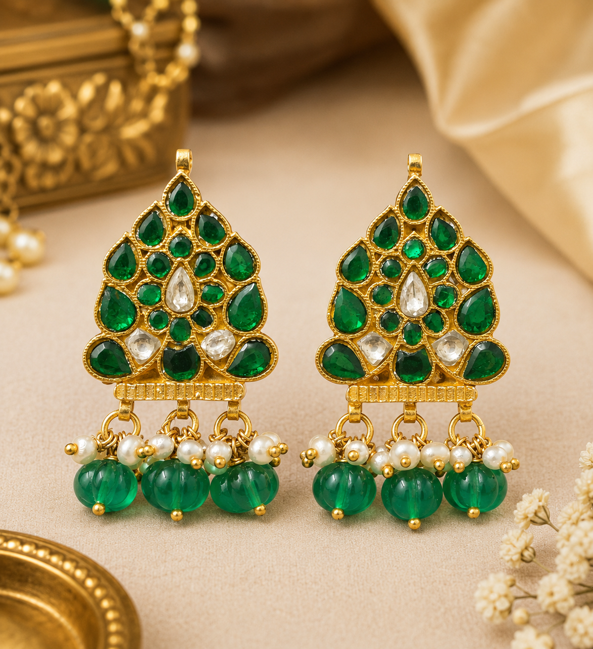 Regal Emerald & Pearl Temple-Inspired Earrings
