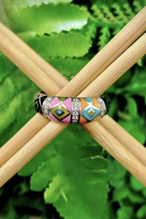 Vibrant Geometric Enamel Band with Pave Accents (size 17)