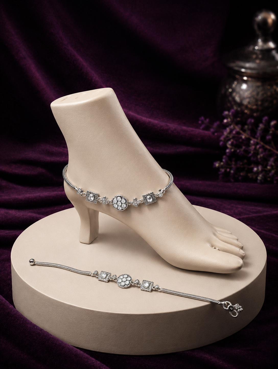 Silver Anklet with Floral & Geometric Stone Motifs - Image 2