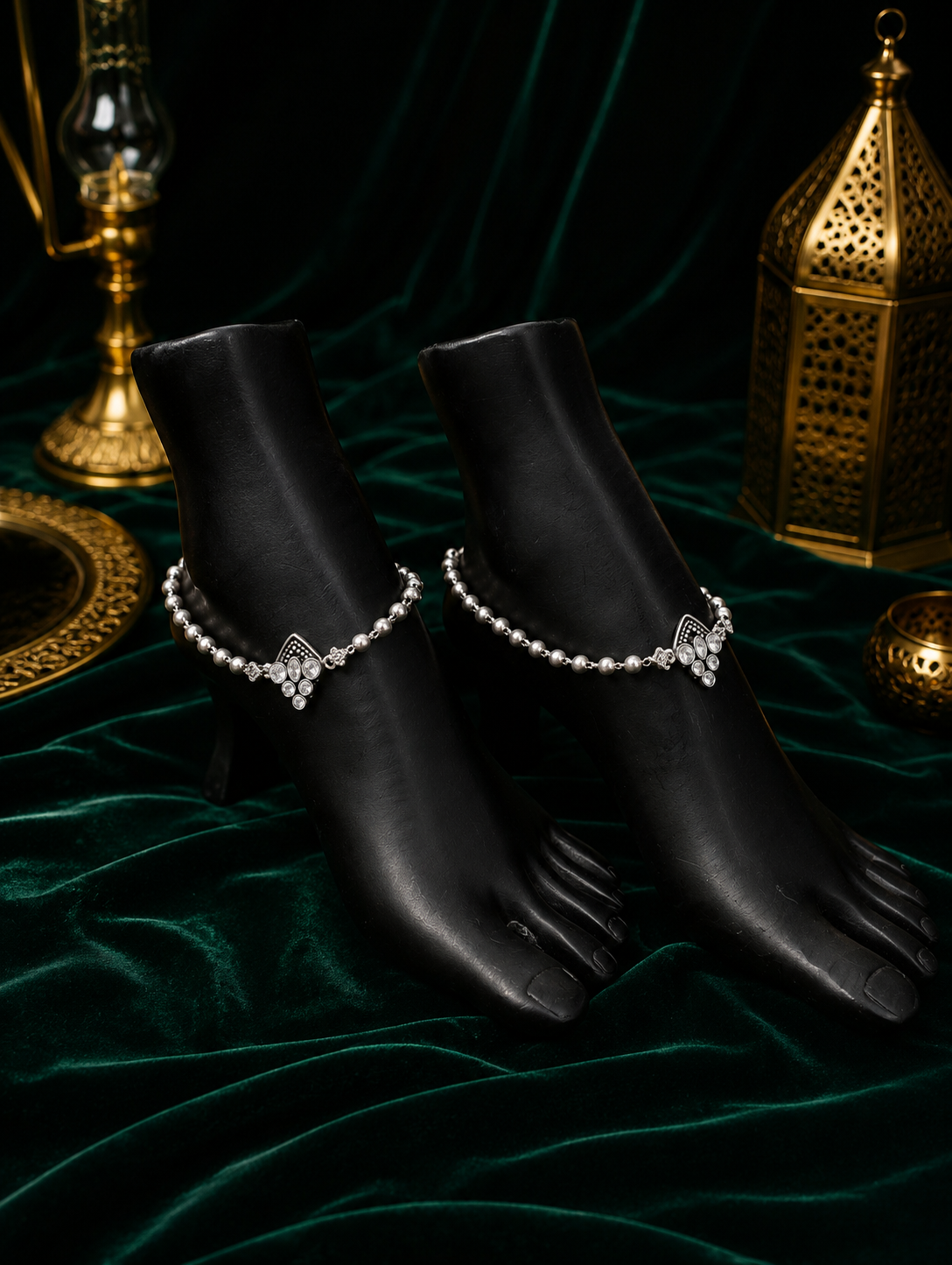 Beaded Silver Anklet with Geometric Motif Accents - Image 2
