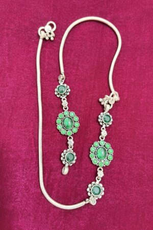 Elegant Silver Anklet with Green Stone Floral Drops