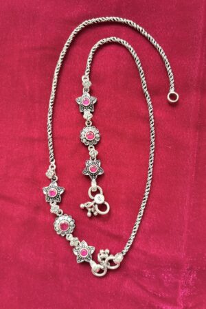Floral Pink Stone Silver Anklet with Twisted Chain