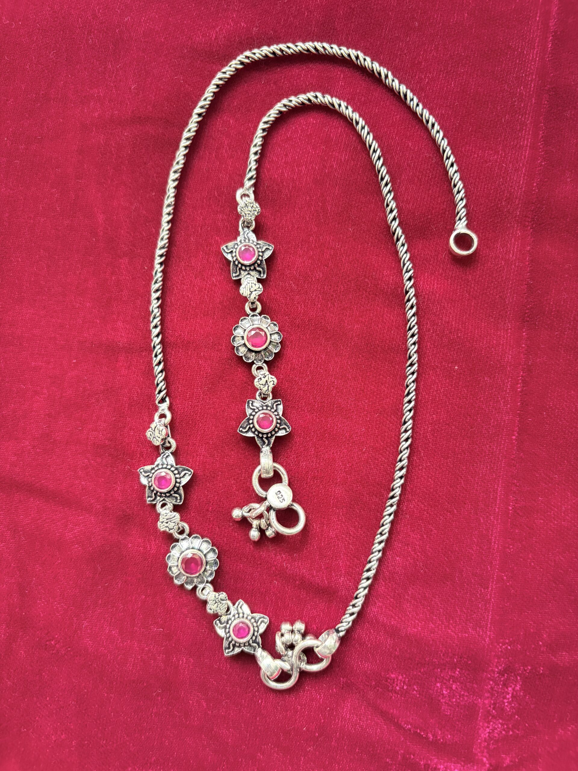 Floral Pink Stone Silver Anklet with Twisted Chain