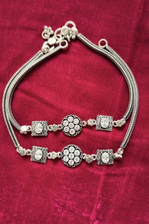 Silver Anklet with Floral & Geometric Stone Motifs