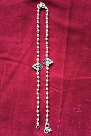 Beaded Silver Anklet with Geometric Motif Accents