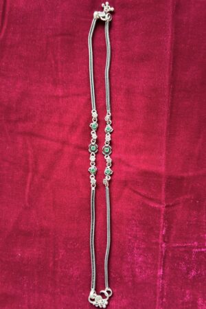 Elegant Green Stone Floral Silver Anklets