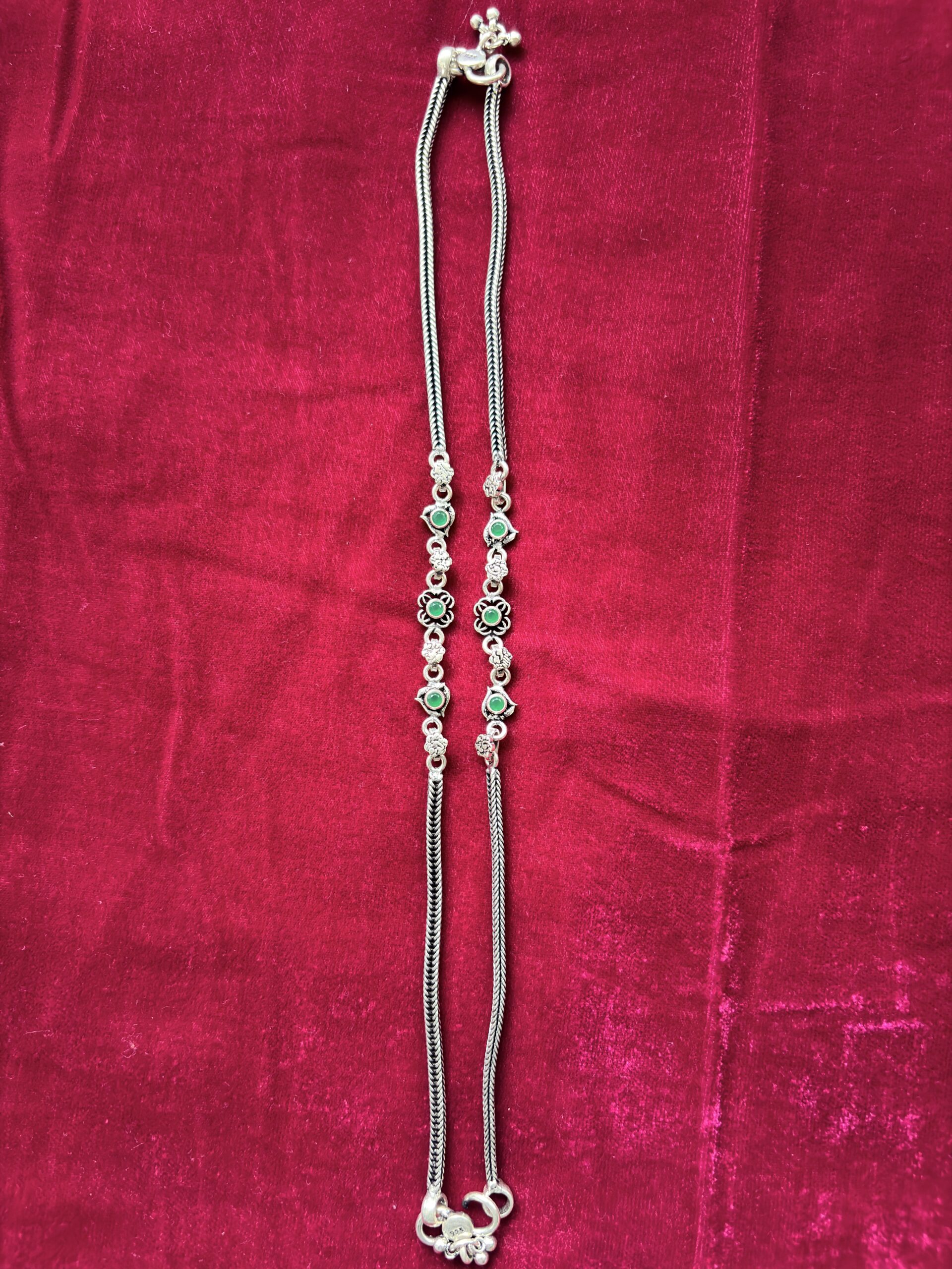 Elegant Green Stone Floral Silver Anklets