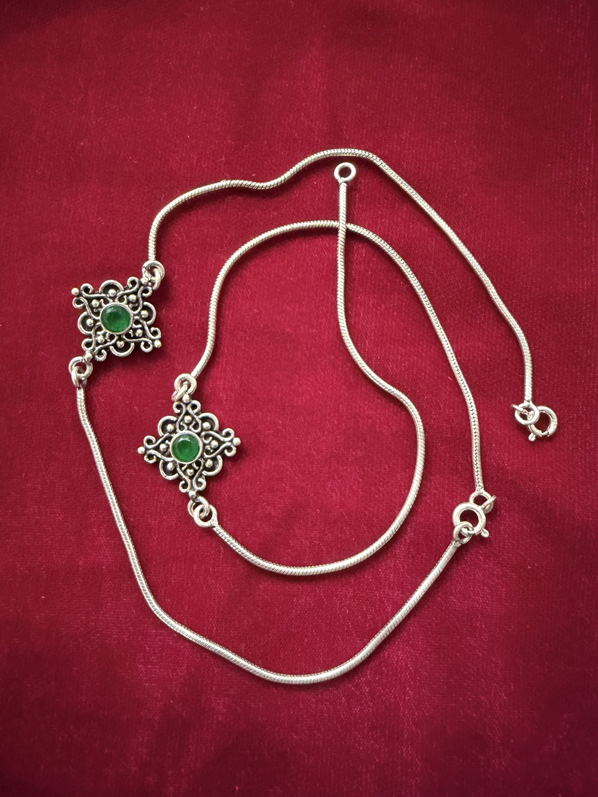 Graceful Green Motif Silver Anklets
