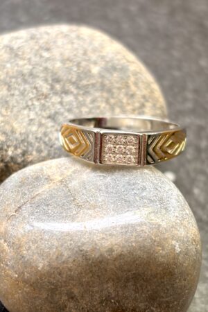 Dual-Tone Geometric Band Ring with Pave Center Panel (size 22)