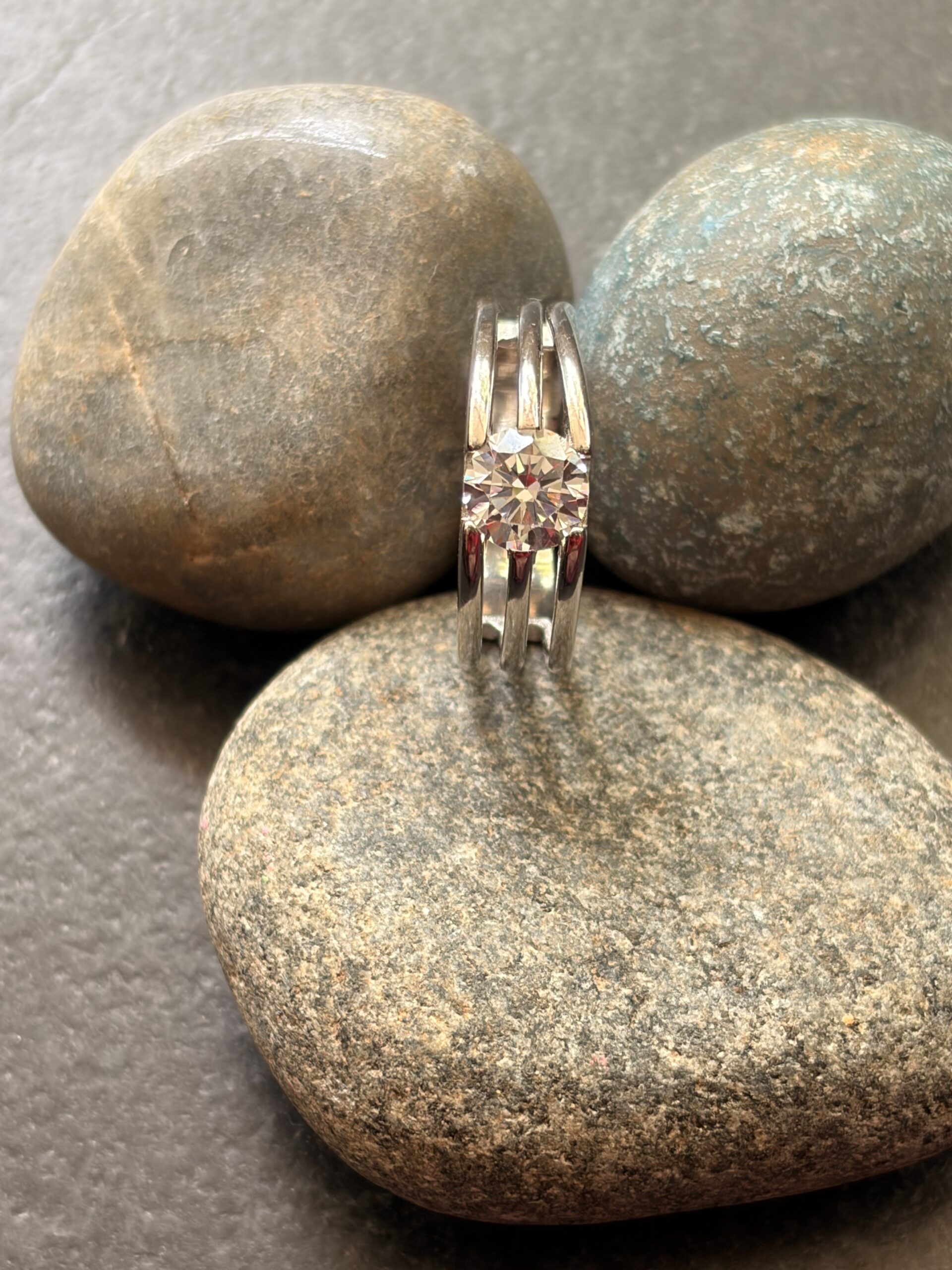 Classic Solitaire Triple-Band Silver Ring (size 17)