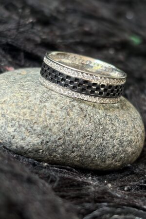 Dual-Tone Checker Pattern Pavé Silver Band Ring (size 17)