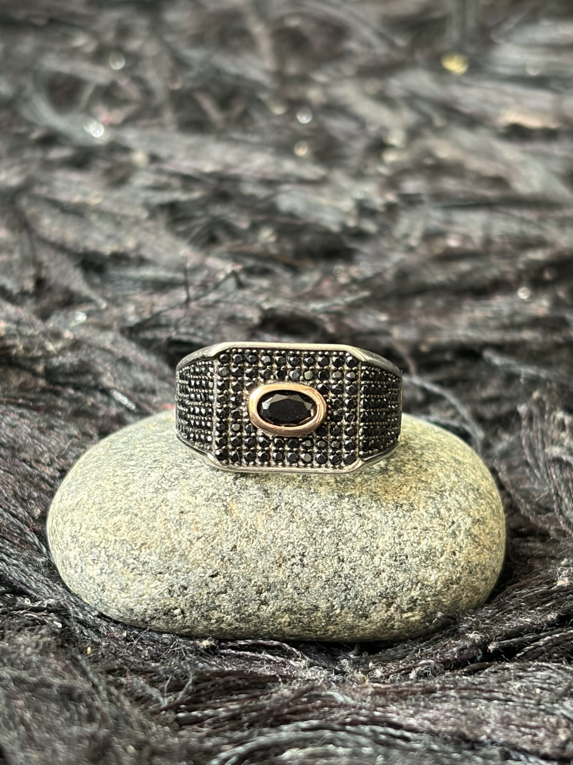 Bold Pavé Black Stone Statement Ring (size 17)