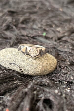 Geometric Solitaire Silver Ring with Faceted Band (size 24)