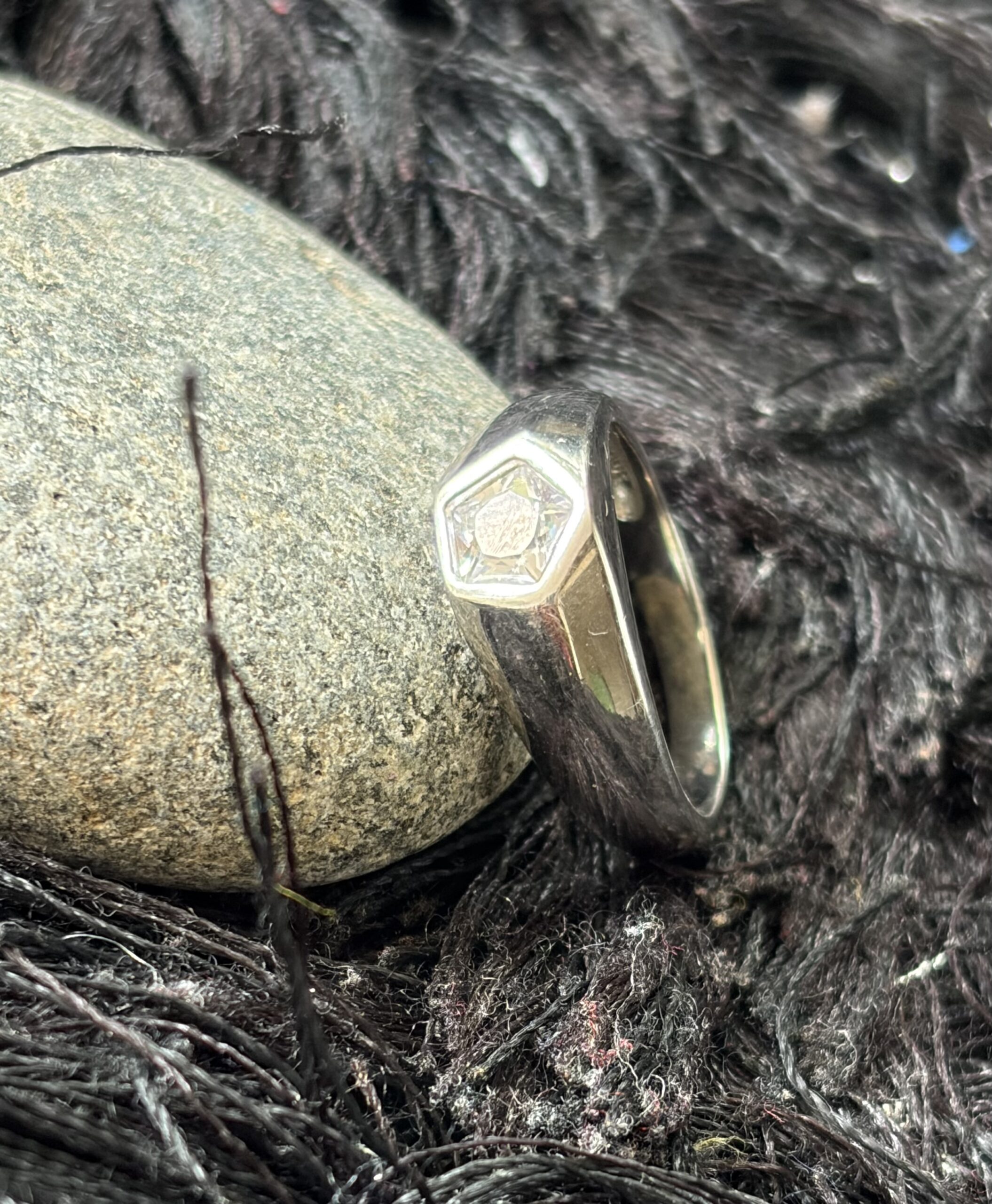 Minimalist Hexa-Stone Silver Ring (size 16)