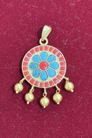 Ethnic Floral Medallion Pendant with Turquoise & Coral Accents
