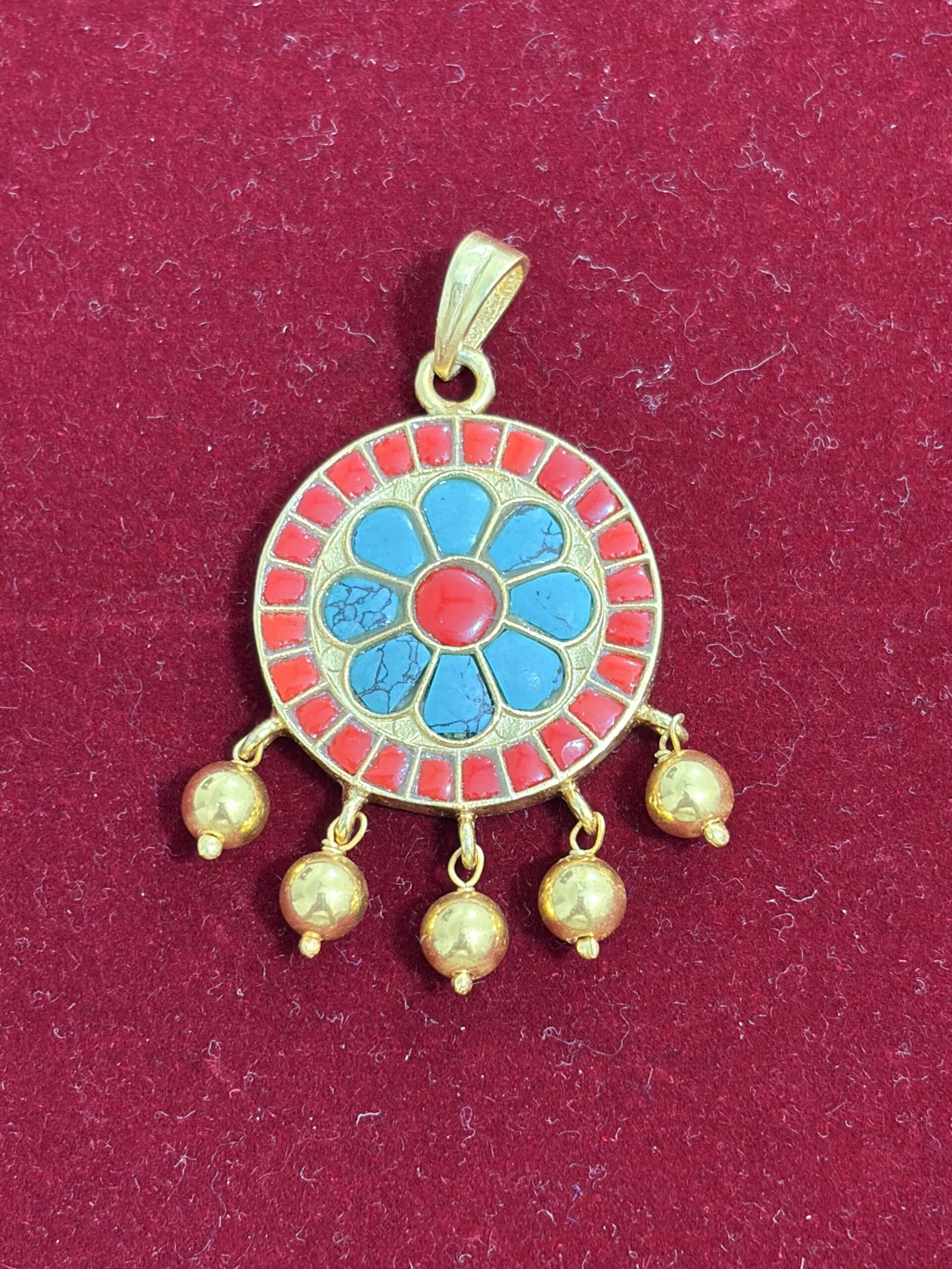 Ethnic Floral Medallion Pendant with Turquoise & Coral Accents