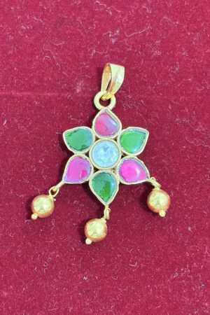 Pastel Bloom Kundan-Style Floral Pendant with Gold Bead Drops