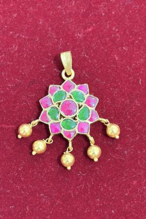 Radiant Pink & Green Floral Kundan Pendant with Golden Drops