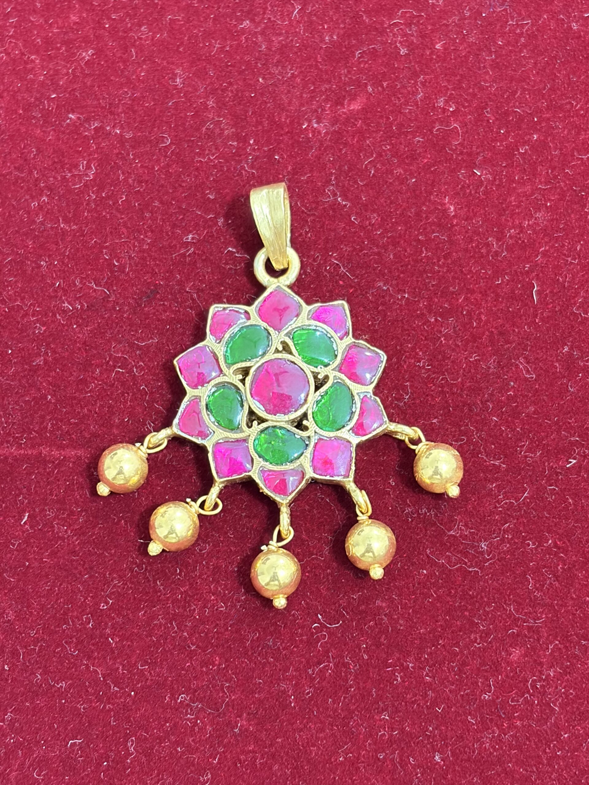Radiant Pink & Green Floral Kundan Pendant with Golden Drops