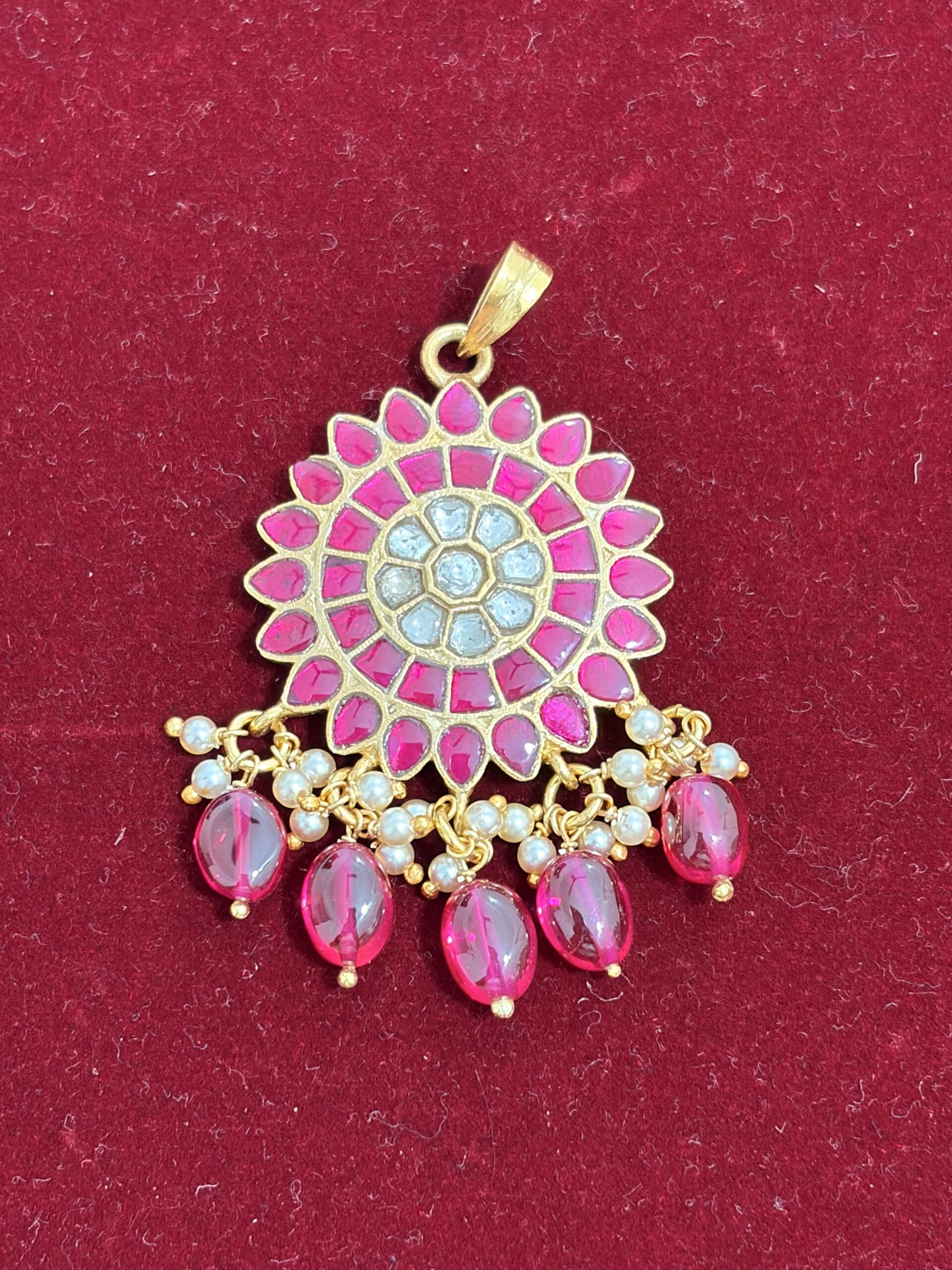 Radiant Pink Sunburst Pendant with Pearl & Drop Accents