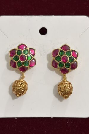 Floral Kundan Jhumka Earrings with Ruby & Emerald Tones