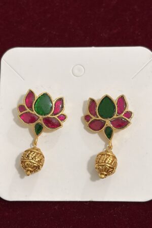 Lotus-Inspired Kundan Jhumka Earrings in Ruby & Emerald Tones
