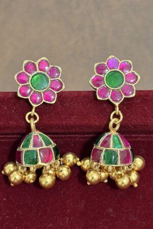 Floral Kundan Jhumka Earrings with Multicolor Dome & Gold Bead Drops
