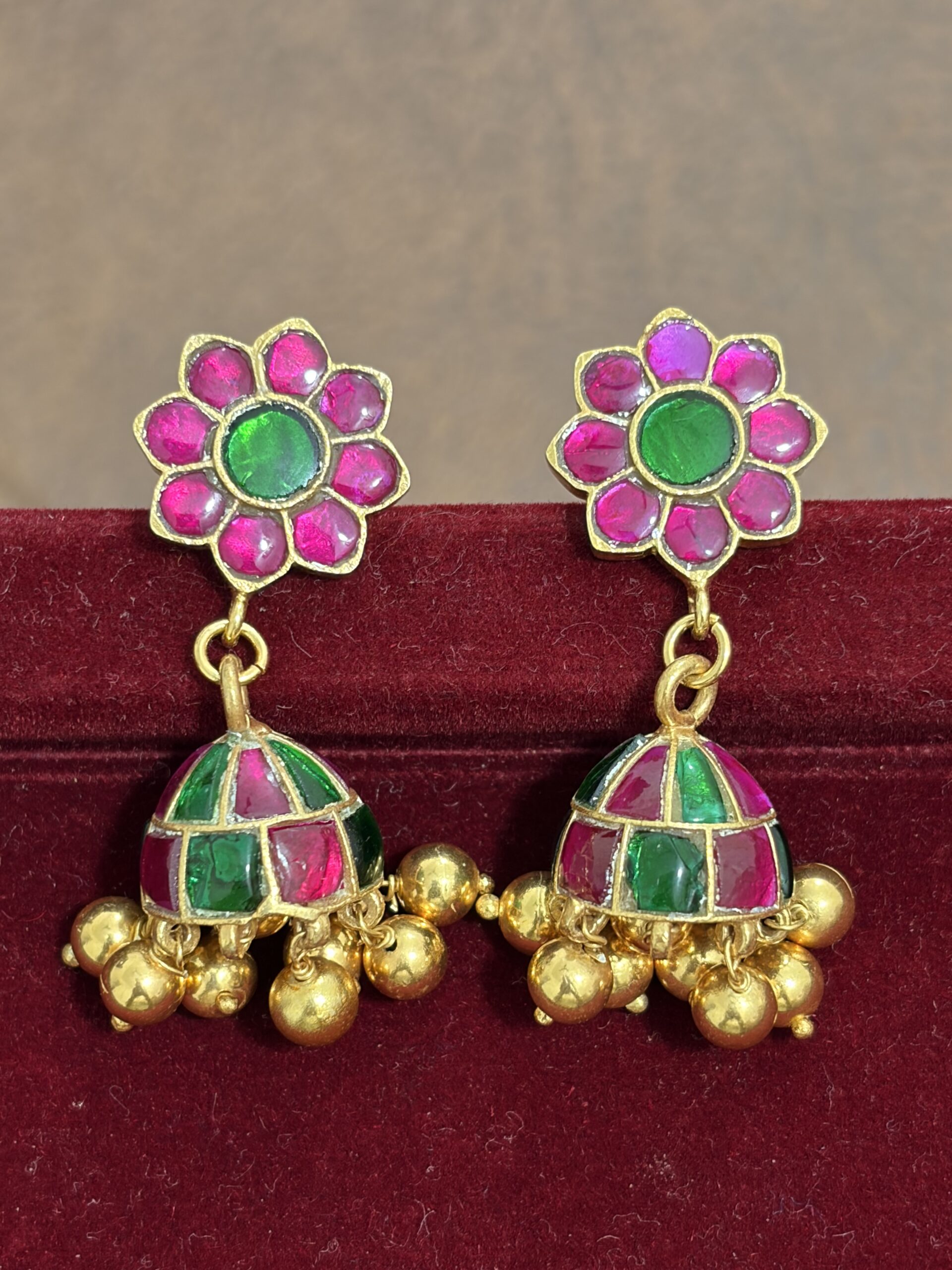 Floral Kundan Jhumka Earrings with Multicolor Dome & Gold Bead Drops
