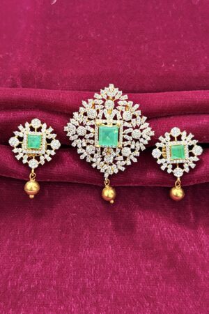 Emerald-Centered Diamond Floral Pendant Set with Matching Drop Earrings