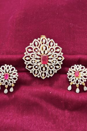 Ruby Radiance Floral Diamond-Style Pendant Set with Teardrop Danglers