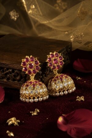 Royal Ruby Stone Jhumka Earrings with Pearl Drops