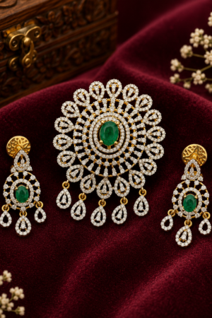 Royal Emerald Teardrop Diamond-Style Pendant Set with Cascading Danglers