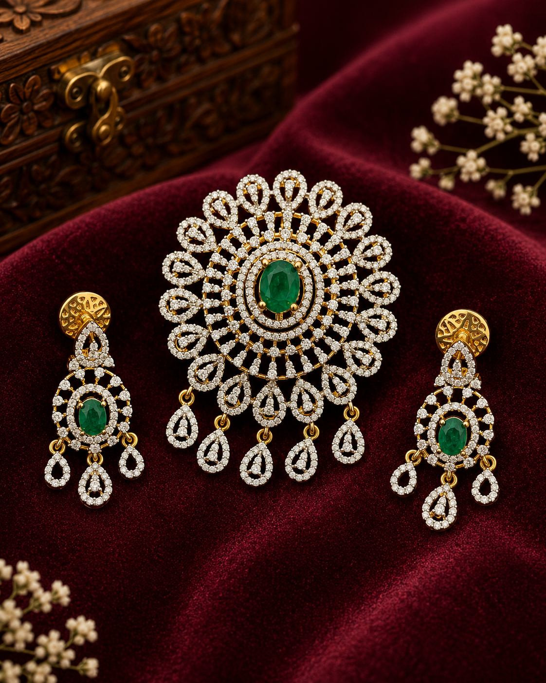 Royal Emerald Teardrop Diamond-Style Pendant Set with Cascading Danglers