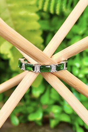 Elegant Emerald-Cut Green Stone Band with Diamond Accents (size 15)
