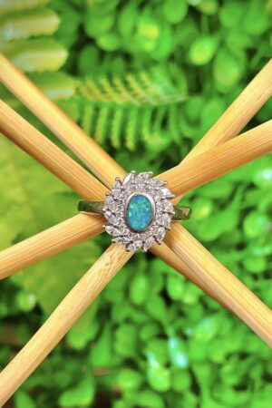 Vintage Halo Opal Ring with Floral Diamond Accents (size 17)