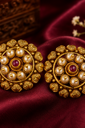 Antique Gold Pearl & Ruby Floral Stud Earrings