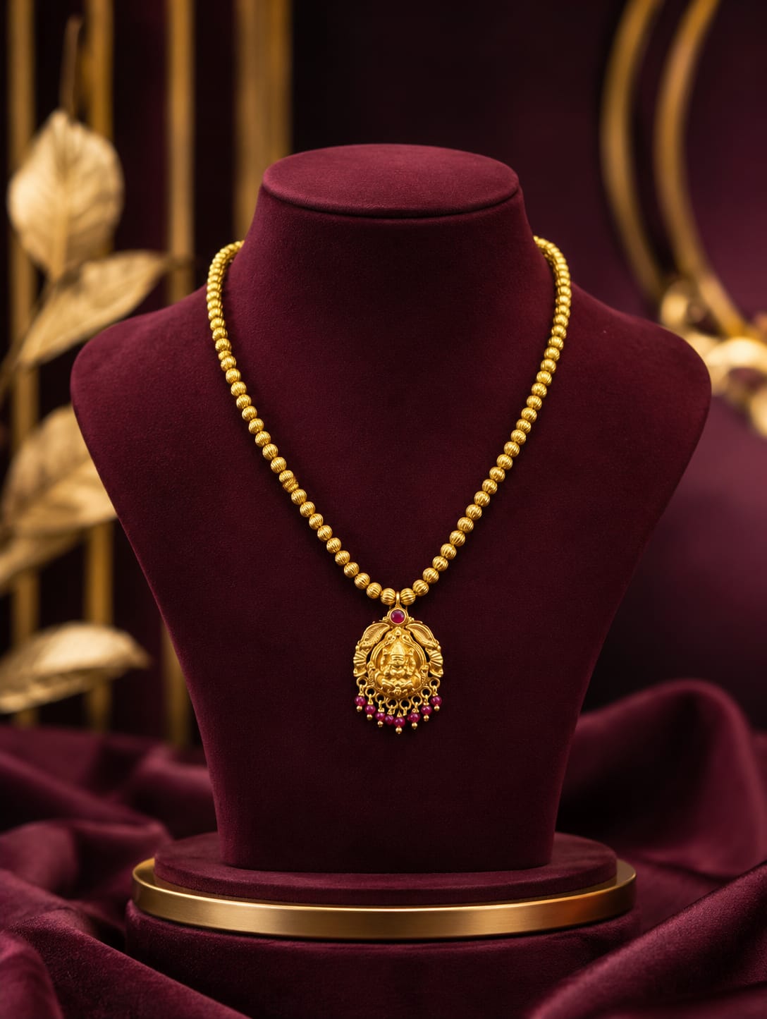 Classic Temple Lakshmi Dollar Chain with Pink Bead Accents - Image 2