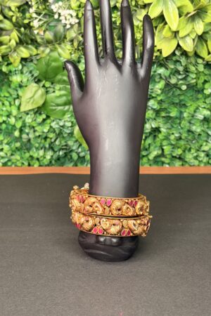 Antique Gold Elephant Motif Temple Bangles with Pink Stone Accents