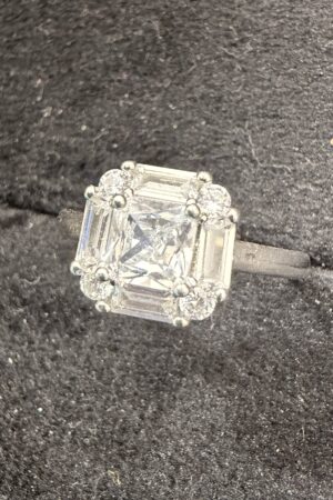 Elegant Asscher-Cut Halo Ring with Baguette Diamond Accents (size 14)