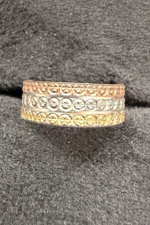 Tri-Tone Textured Band Ring with Geometric Detailing (size 10)