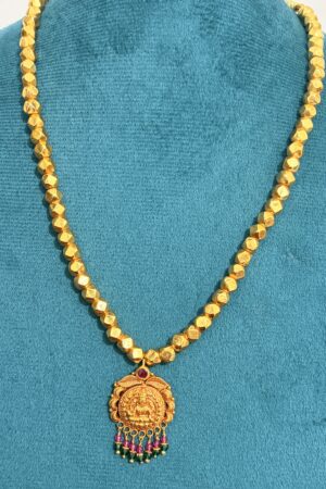 Faceted Dollar Chain with Temple Lakshmi Pendant and Beaded Fringe