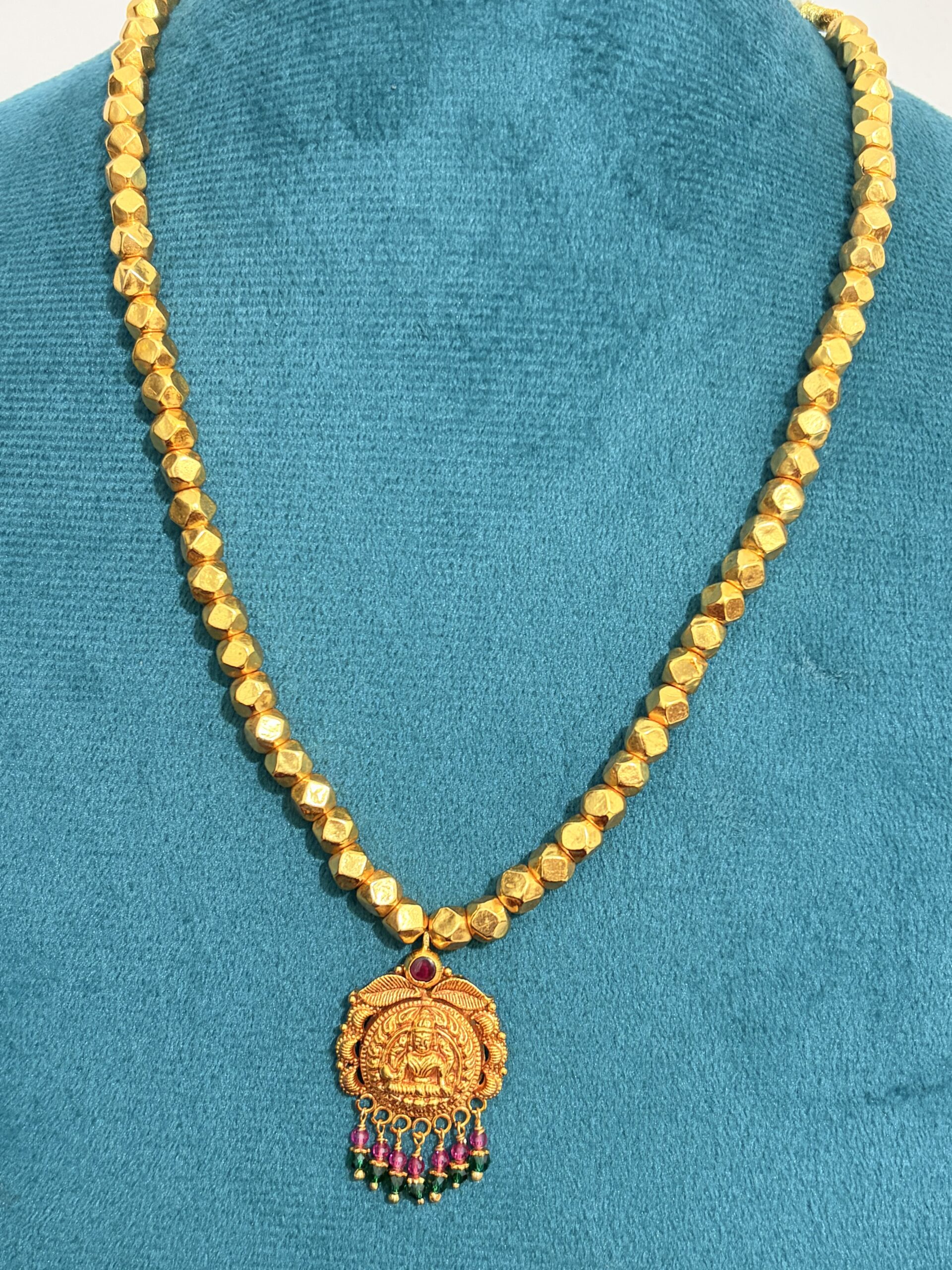 Faceted Dollar Chain with Temple Lakshmi Pendant and Beaded Fringe
