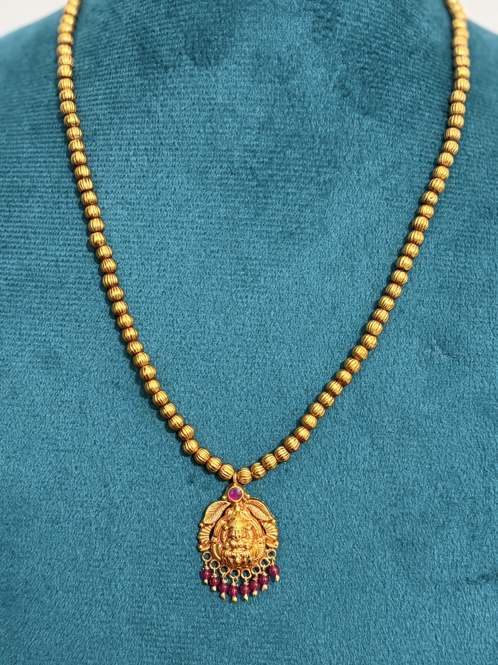 Classic Temple Lakshmi Dollar Chain with Pink Bead Accents
