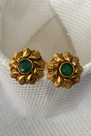 Traditional Floral Gold-Polished Stud Earrings with Green Stone