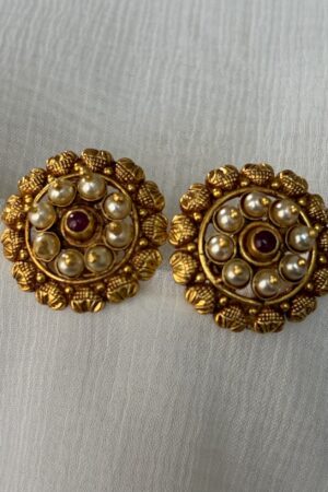 Antique Gold Pearl & Ruby Floral Stud Earrings