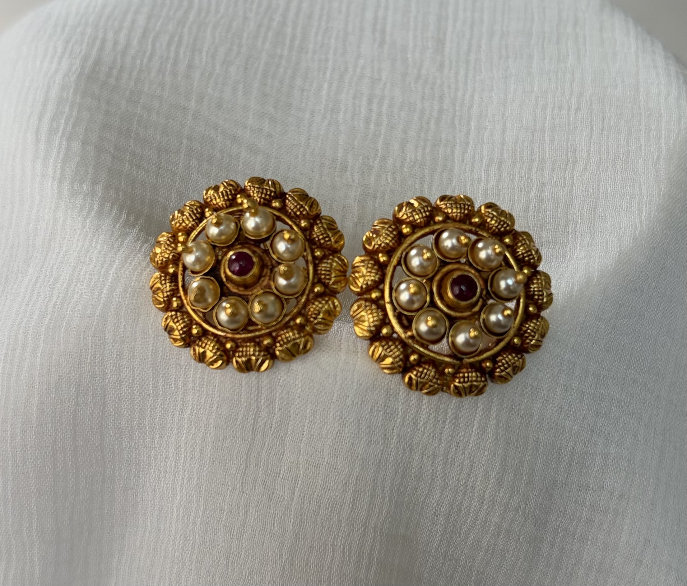 Antique Gold Pearl & Ruby Floral Stud Earrings