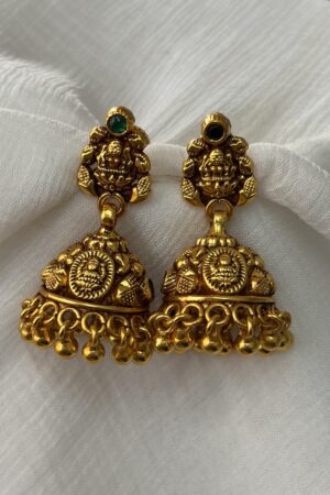 Antique Lakshmi Temple Jhumka Earrings with Green Stone Accent